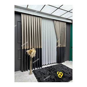 Pano Fon Perde,elegans Seri,azra Desen Koyu Gri - Vizon,taç,brilant,blackout,sık,pileli(tek Kanat) 80x265 cm