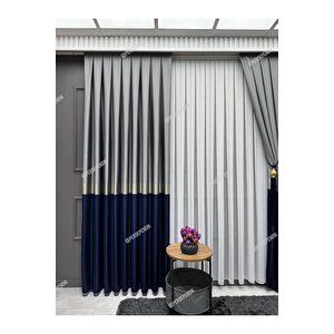 Pano Fon Perde,elegans Seri,azra Desen Lacivert Gold Gri,taç,brilant,blackout,pileli(tek Kanat) 100x280 cm