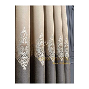 Krem - Taş, Pano Fon Perde, Lüks Desenli Perde,a Kali̇te,blackout 1*3 Sık Pile,(tek Kanat) 100x260 cm