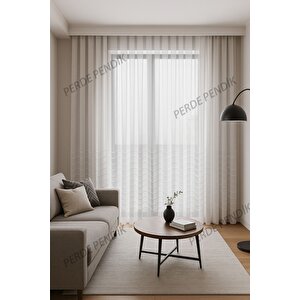 Belenay Tül Perde, Ekru Kırık Beyaz, Sık Pile , Saçak, Puf, Püsküllü, Zikzak Desenli Dalgalı