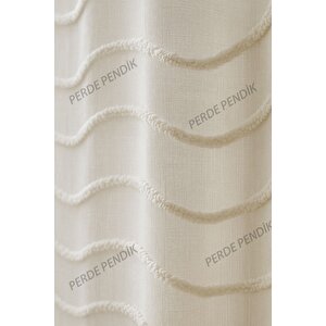 Belenay Tül Perde, Ekru Kırık Beyaz, Sık Pile , Saçak, Puf, Püsküllü, Zikzak Desenli Dalgalı