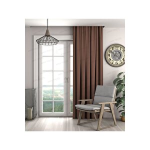 Kahverengi  Fon Perde, Kadife Dokulu Fon Perde,pilesiz Ekstrafor Büzgülü A Kali̇te,(tek Kanat) 350x210 cm