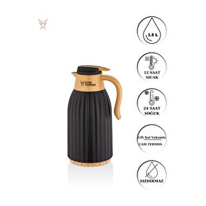 Oluklu Gövde 1,5lt Cam Termos Siyah - Gold Siyah-Altın