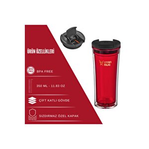 Star Mug 350 Ml Transparan Seri - Kırmızı Çift Katmanlı Mug - Piknik Kamp Outdoor Ofis Okul Kampüs Kırmızı