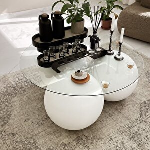 Küre Orta Sehpa - Beyaz Top - Yuvarlak - Şeffaf Cam