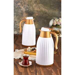 Oluklu Gövde 1.5 Lt Termos Beyaz-gold (piknik Kamp Outdoor Ofis Otel Kafe Okul )
