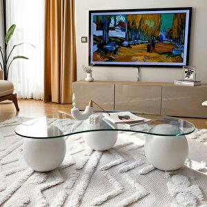 Küre Orta Sehpa - Beyaz Top - Fasulye - Şeffaf Cam 120x70 cm