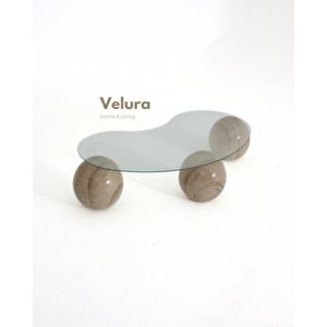 Küre Orta Sehpa - Taş Desen - Fasulye - Şeffaf Cam 120x70 cm