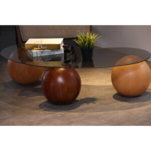 Küre Orta Sehpa - 2 Meşe Top & 1 Ceviz Top - Fasulye - Füme Cam 120x70 cm
