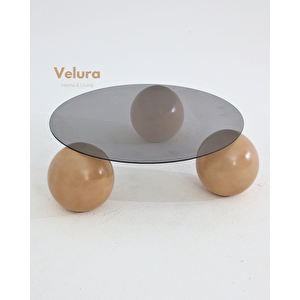 Küre Orta Sehpa - Açık Ceviz Top - Yuvarlak - Füme Cam 90x90 cm
