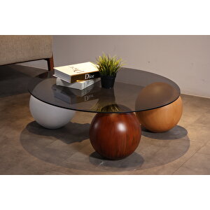 Küre Orta Sehpa - 1 Beyaz Top & 1 Ceviz Top & 1 Meşe Top - Yuvarlak - Füme Cam 90x90 cm