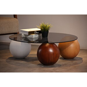 Küre Orta Sehpa - 1 Beyaz Top & 1 Ceviz Top & 1 Meşe Top - Yuvarlak - Füme Cam 90x90 cm