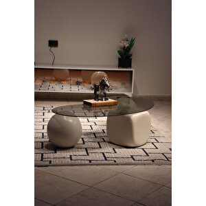 Küre Orta Sehpa - 2 Beyaz Top & 1 Beyaz Zar - Fasulye - Füme Cam 120x70 cm