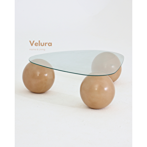 Küre Orta Sehpa - Açık Ceviz Top - Üçgen - Şeffaf Cam 120x80 cm
