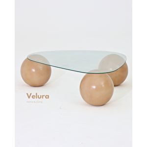 Küre Orta Sehpa - Açık Ceviz Top - Üçgen - Şeffaf Cam 120x80 cm