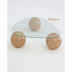 Küre Orta Sehpa - Açık Ceviz Top - Üçgen - Şeffaf Cam 120x80 cm