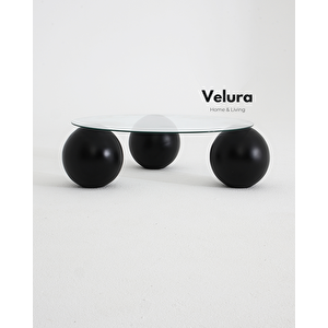 Küre Orta Sehpa - Siyah Top - Yuvarlak - Şeffaf Cam 90x90 cm