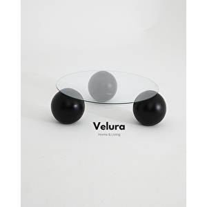 Küre Orta Sehpa - Siyah Top - Yuvarlak - Şeffaf Cam 90x90 cm