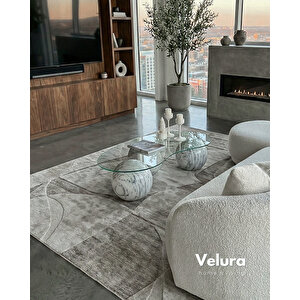 Küre Orta Sehpa - Beyaz Traverten Mermer Top - Fasulye - Şeffaf Cam 120x70 cm
