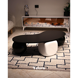 Küre Orta Sehpa - 2 Siyah Top & 1 Beyaz Zar - Fasulye - Siyah Mdf 120x70 cm