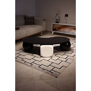Küre Orta Sehpa - 2 Siyah Top & 1 Beyaz Zar - Fasulye - Siyah Mdf 120x70 cm