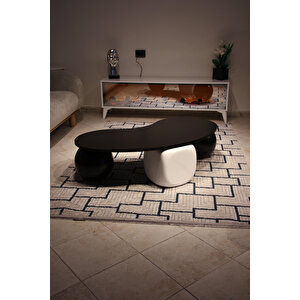 Küre Orta Sehpa - 2 Siyah Top & 1 Beyaz Zar - Fasulye - Siyah Mdf 120x70 cm