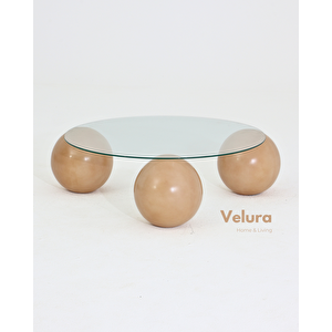 Küre Orta Sehpa - Açık Ceviz Top - Yuvarlak - Şeffaf Cam 90x90 cm