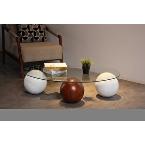Küre Orta Sehpa - 2 Beyaz Top & 1 Ceviz Top - Fasulye - Şeffaf Cam 120x70 cm