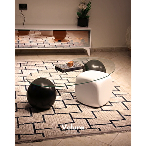 Küre Orta Sehpa - 2 Siyah Top & 1 Beyaz Zar - Fasulye - Şeffaf Cam 120x70 cm