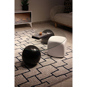 Küre Orta Sehpa - 2 Siyah Top & 1 Beyaz Zar - Fasulye - Şeffaf Cam 120x70 cm