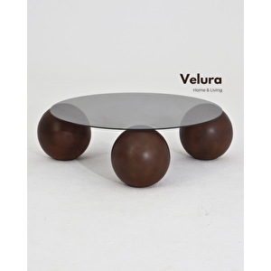 Küre Orta Sehpa - Koyu Ceviz Top - Yuvarlak - Füme Cam 90x90 cm