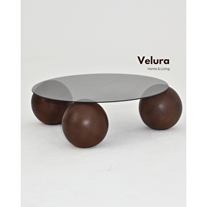 Küre Orta Sehpa - Koyu Ceviz Top - Yuvarlak - Füme Cam 90x90 cm