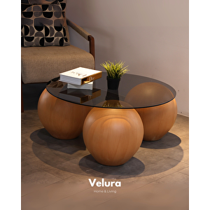 Küre Orta Sehpa - 41 Cm Meşe - Yuvarlak - Füme Cam 90x90 cm