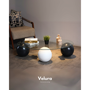 Küre Orta Sehpa - 2 Siyah Top & 1 Beyaz Top - Fasulye - Şeffaf Cam 120x70 cm