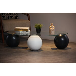 Küre Orta Sehpa - 2 Siyah Top & 1 Beyaz Top - Fasulye - Şeffaf Cam 120x70 cm