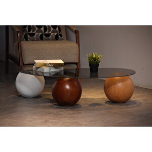 Küre Orta Sehpa - 1 Beyaz Top & 1 Ceviz Top & 1 Meşe Top - Fasulye - Füme Cam 120x70 cm