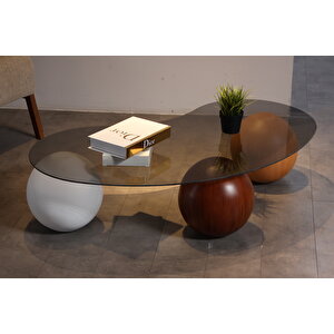 Küre Orta Sehpa - 1 Beyaz Top & 1 Ceviz Top & 1 Meşe Top - Fasulye - Füme Cam 120x70 cm