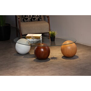 Küre Orta Sehpa - 1 Beyaz Top & 1 Ceviz Top & 1 Meşe Top - Fasulye - Şeffaf Cam 120x70 cm