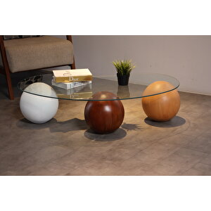Küre Orta Sehpa - 1 Beyaz Top & 1 Ceviz Top & 1 Meşe Top - Fasulye - Şeffaf Cam 120x70 cm