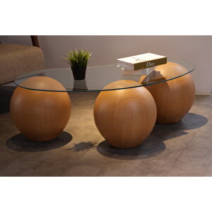 Küre Orta Sehpa - 41 Cm Meşe - Fasulye - Şeffaf Cam 120x70 cm