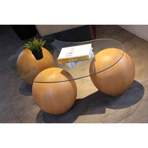 Küre Orta Sehpa - 41 Cm Meşe - Fasulye - Şeffaf Cam