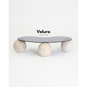 Küre Orta Sehpa - Pleks Mermer Desen Top - Fasulye - Füme Cam 120x70 cm