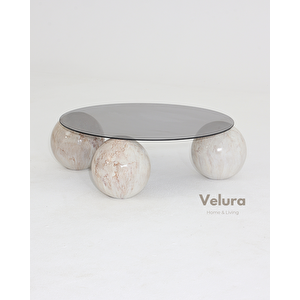 Küre Orta Sehpa - Pleks Mermer Desen Top - Yuvarlak - Füme Cam 90x90 cm