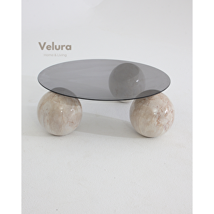 Küre Orta Sehpa - Pleks Mermer Desen Top - Yuvarlak - Füme Cam 90x90 cm