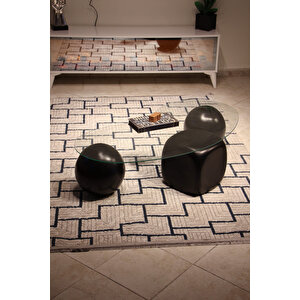 Küre Orta Sehpa - 2 Siyah Top & 1 Siyah Zar - Fasulye - Şeffaf Cam 120x70 cm