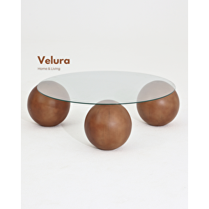 Küre Orta Sehpa - Ceviz Top - Yuvarlak - Şeffaf Cam 90x90 cm