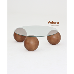 Küre Orta Sehpa - Ceviz Top - Yuvarlak - Şeffaf Cam 90x90 cm