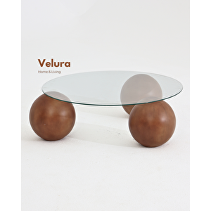 Küre Orta Sehpa - Ceviz Top - Yuvarlak - Şeffaf Cam 90x90 cm