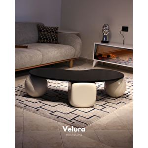 Küre Orta Sehpa - 2 Beyaz Top & 1 Beyaz Zar - Fasulye - Siyah Mdf 120x70 cm