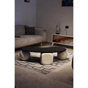 Küre Orta Sehpa - 2 Beyaz Top & 1 Beyaz Zar - Fasulye - Siyah Mdf 120x70 cm